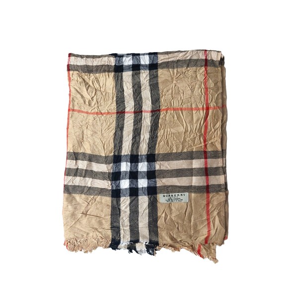 Vintage Burberry Check Light Brown Tan Black Red 100% Cashmere Shawl Scarves - Picture 1 of 3
